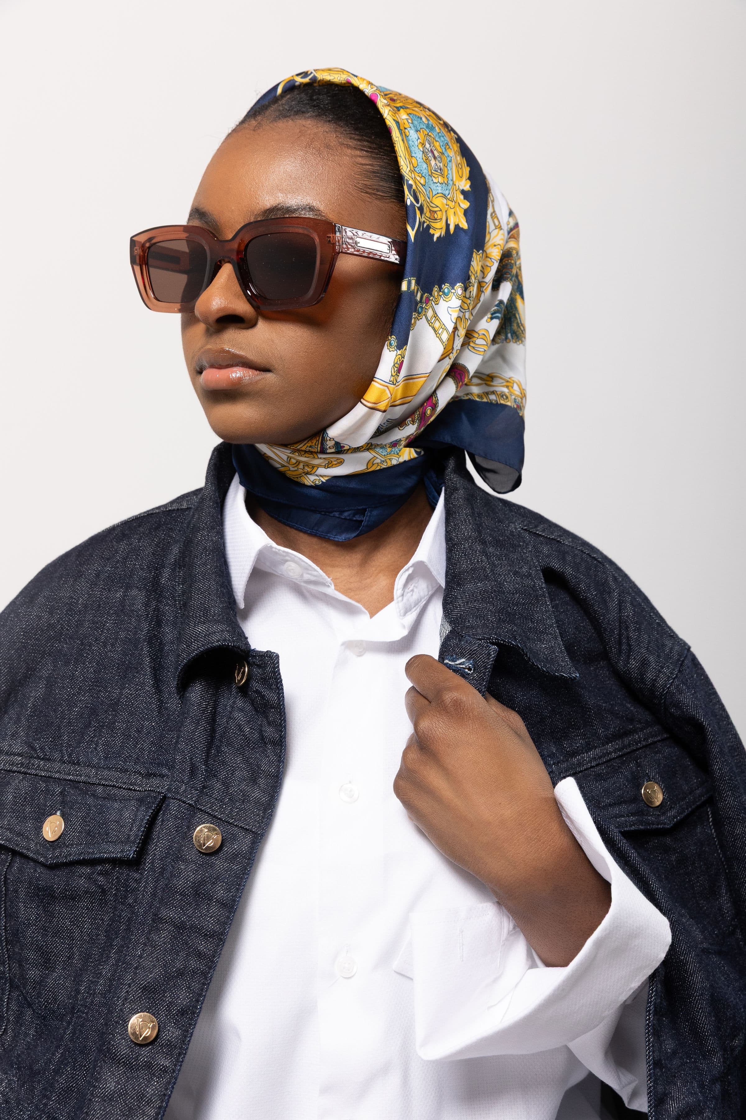 Voce D'Oro lookbook model in a neutral studio portrait