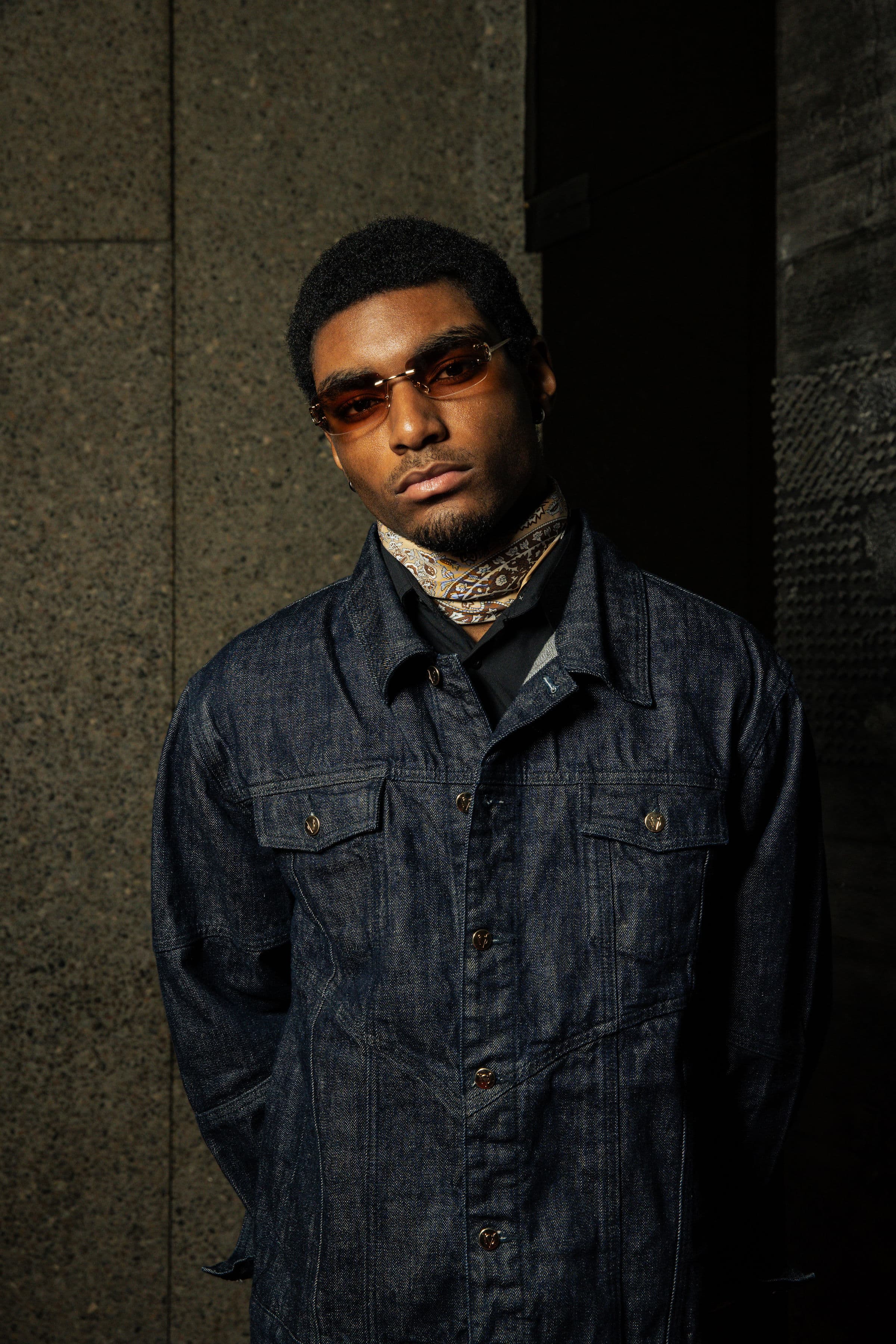 Voce D'Oro lookbook model in a denim editorial composition